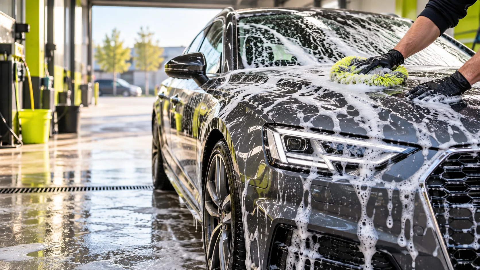 Illustratieve foto van een auto die met de hand wordt gewassen